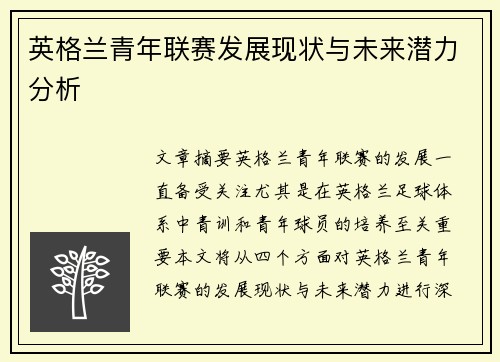 英格兰青年联赛发展现状与未来潜力分析