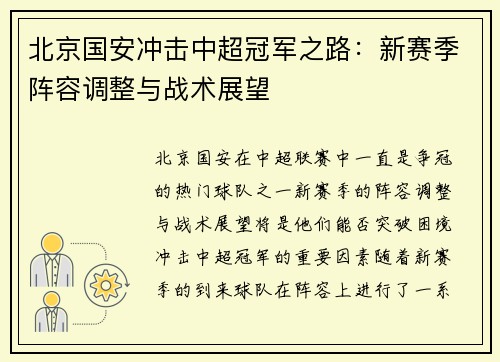 北京国安冲击中超冠军之路：新赛季阵容调整与战术展望
